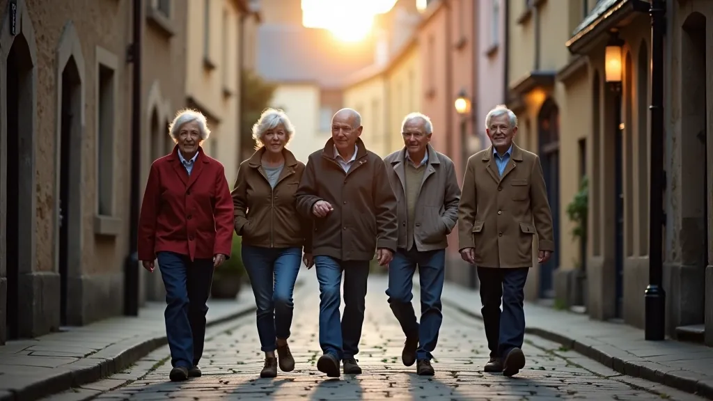 Group of mature adults walking together on a historic Irish street lined with traditional stone buildings