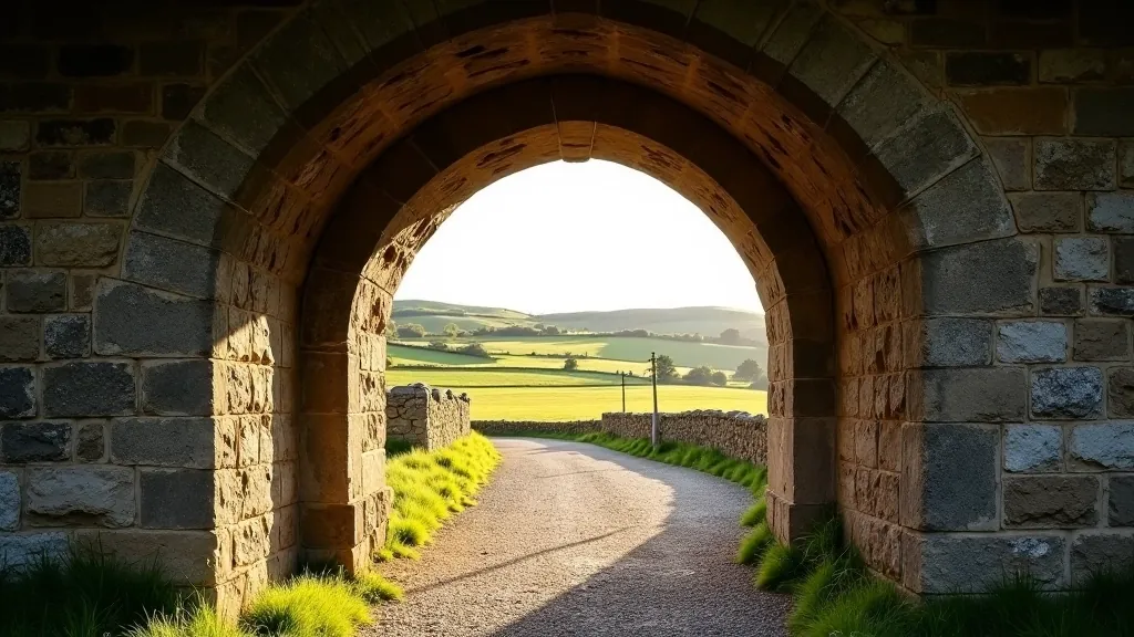 Close-up of ancient stone archway with weathered texture, Irish countryside visible through opening, historic craftsmanship detail