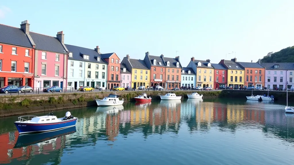 Scenic waterfront harbor with colorful buildings reflecting in calm water at Cobh