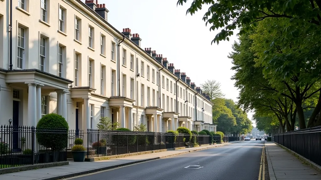 Georgian era street with multiple townhouses, regular window patterns, elegant proportions, historic Irish architecture