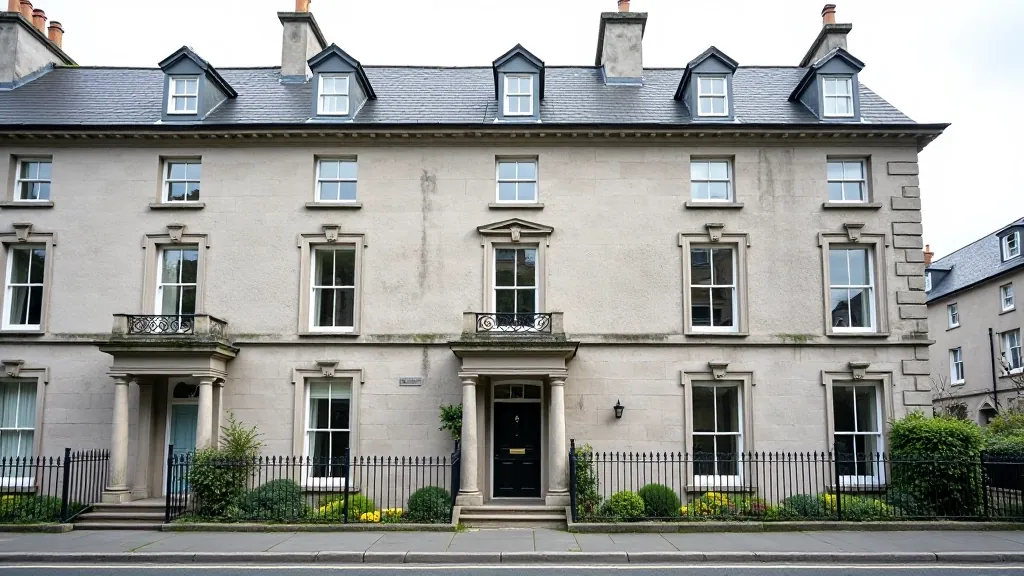 Georgian period buildings with symmetrical facades, elegant stone architecture with regular window patterns and period details