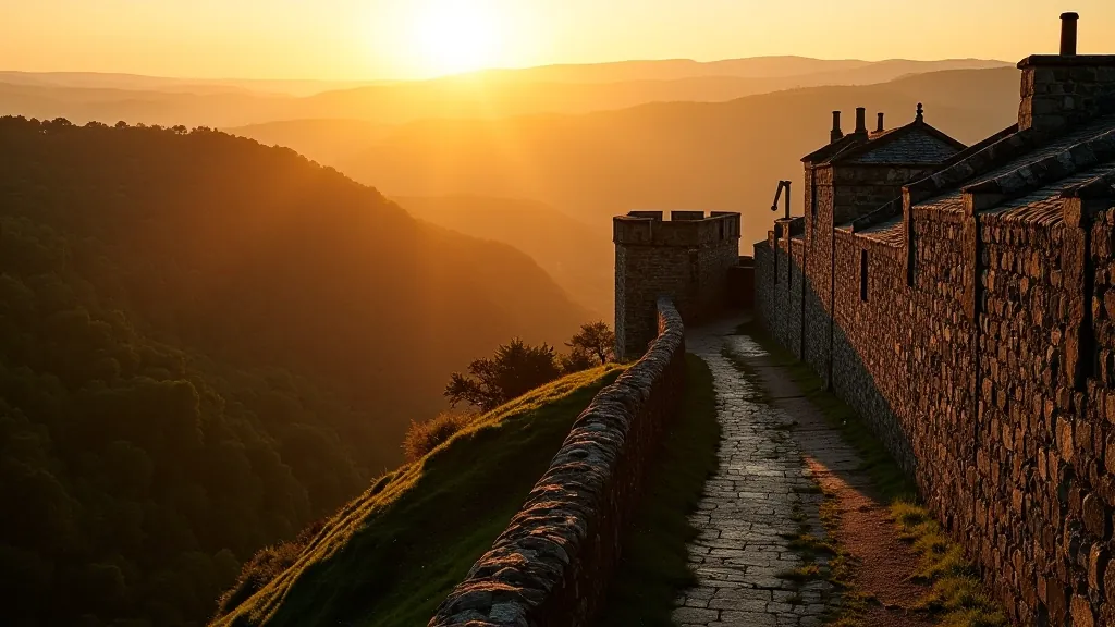 Sunset golden light illuminating historic stone walls with the River Foyle visible in the distance below