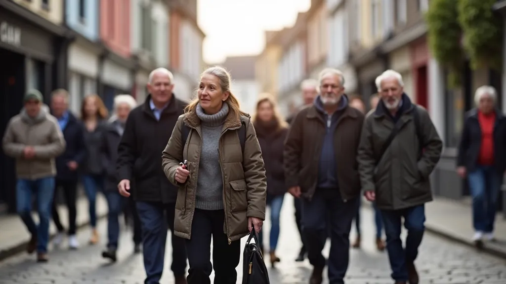 People walking through historic Irish town streets, daytime scene with buildings and street scenery