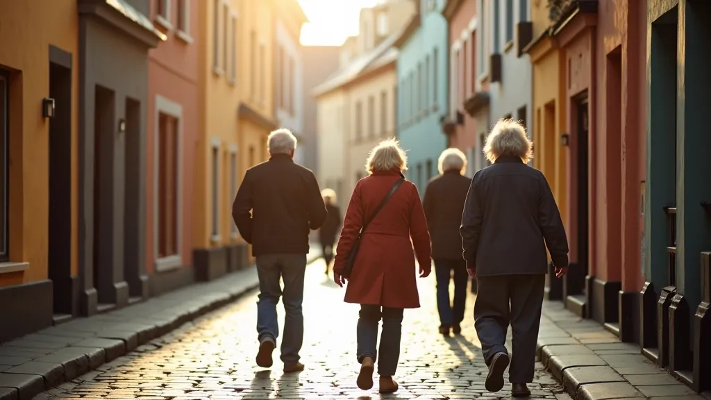 Senior tourists walking together on historic stone pathway with beautiful architecture visible, daylight, peaceful heritage setting