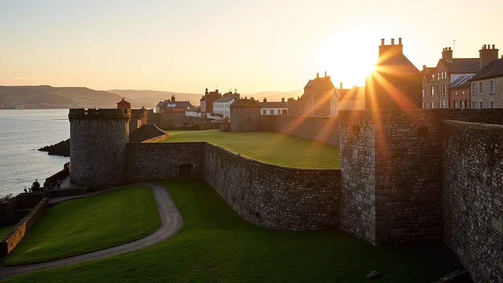 Historic fortified walls of Derry city with traditional buildings