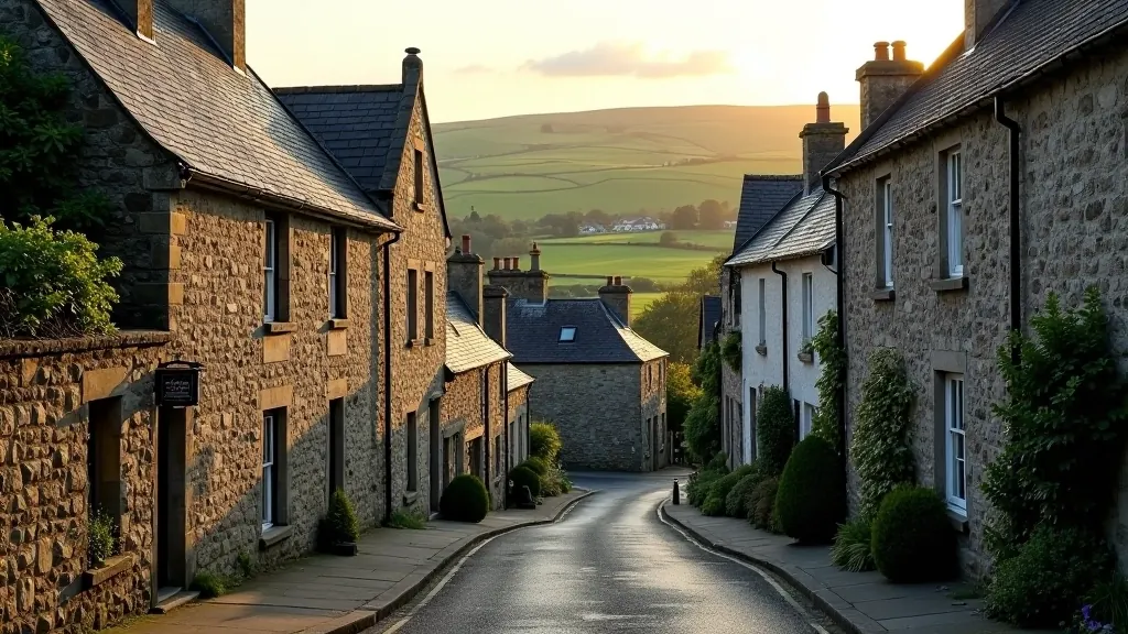 Scenic view of historic Irish stone buildings with rolling green hills in background, golden hour lighting, authentic heritage architecture