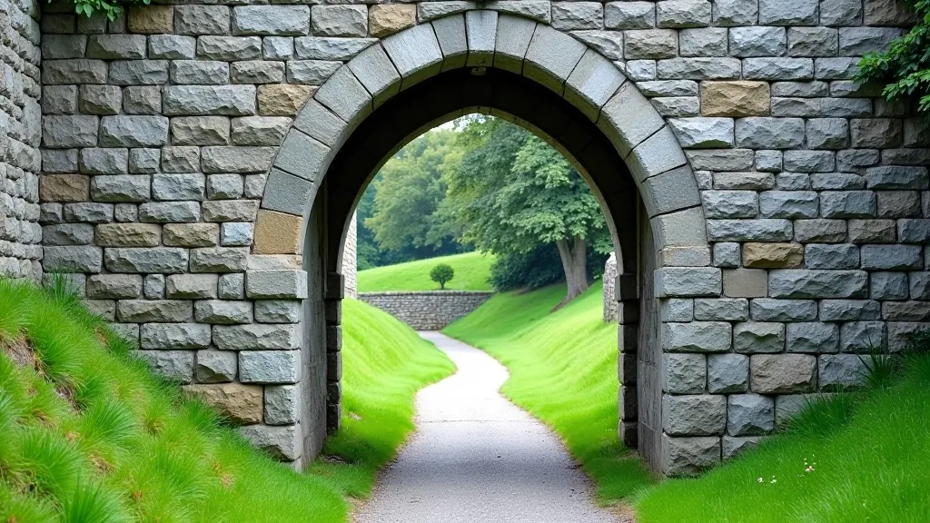 Historic stone archways and gates integrated into Derry's medieval city walls with modern city visible beyond