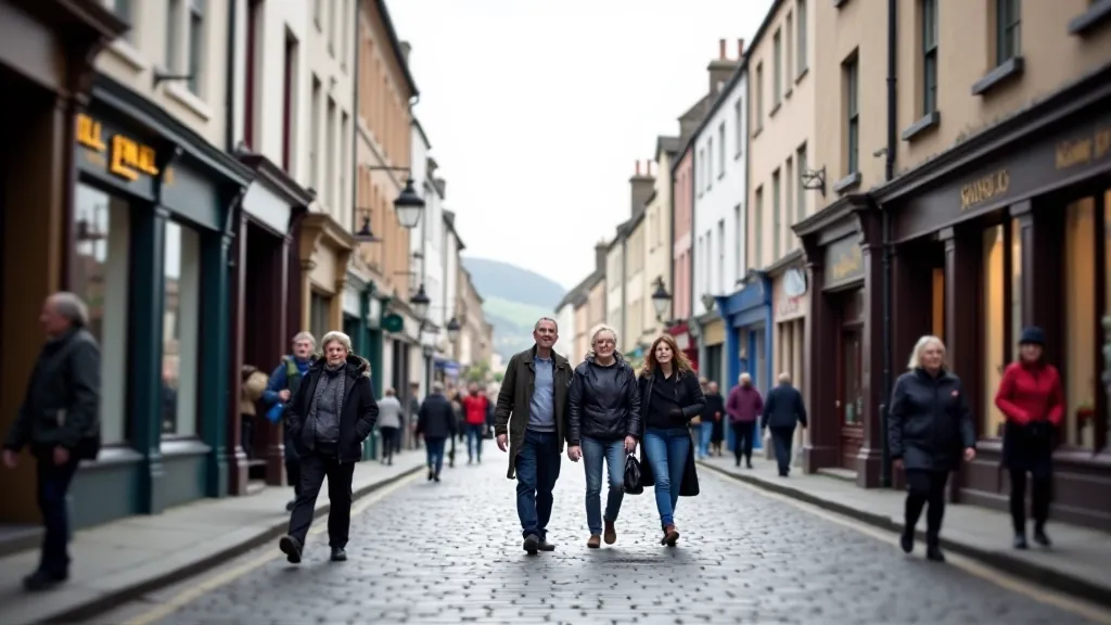 Historic High Street in Kilkenny with medieval stone buildings and traditional shop fronts