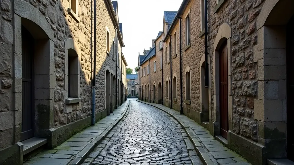 Medieval stone buildings and narrow cobblestone streets in historic Limerick city, ancient architecture with weathered walls
