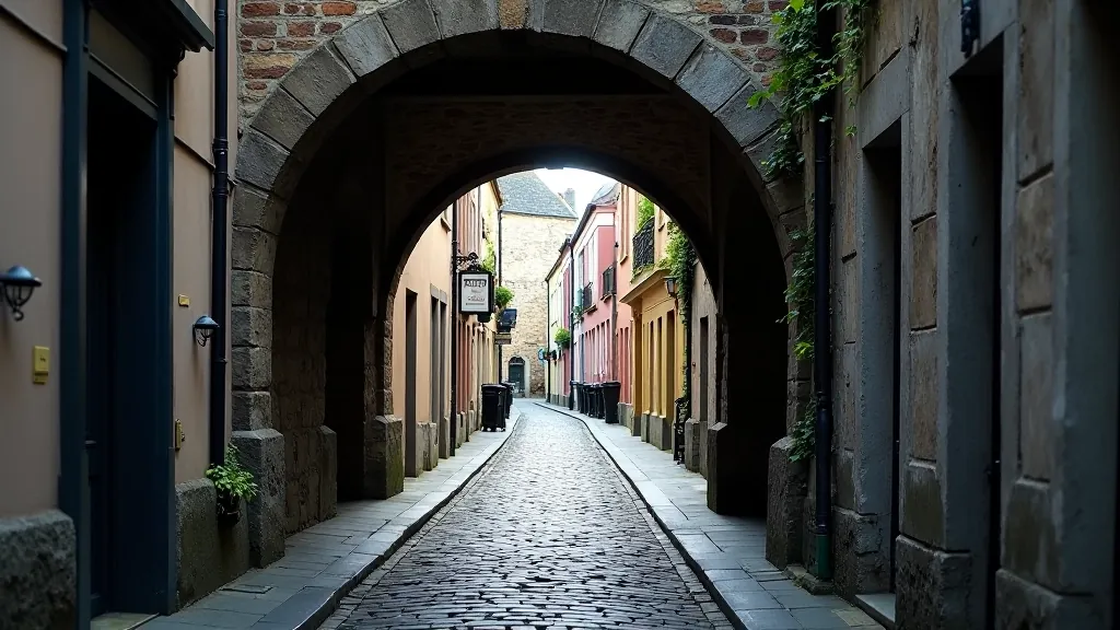 Medieval stone archway and narrow laneway in Kilkenny's historic district