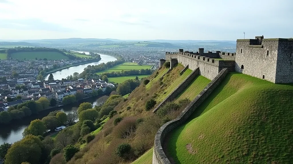 Panoramic view from atop Derry's city walls showing the river valley and surrounding landscape