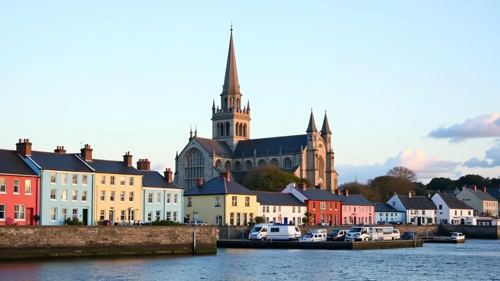 St. Colman's Cathedral spires rising above Cobh town with Victorian houses and harbor below