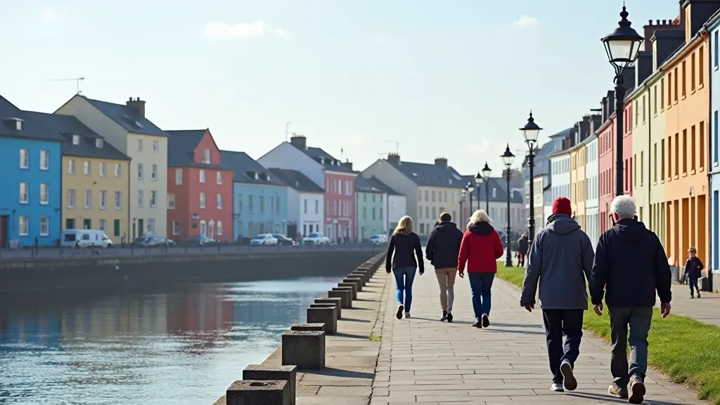 Victorian waterfront promenade with colorful buildings reflecting in calm harbor waters